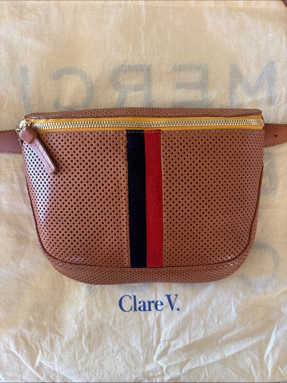 Clare V Original Fanny Tan Leather with Suede Stripes in Navy and Red